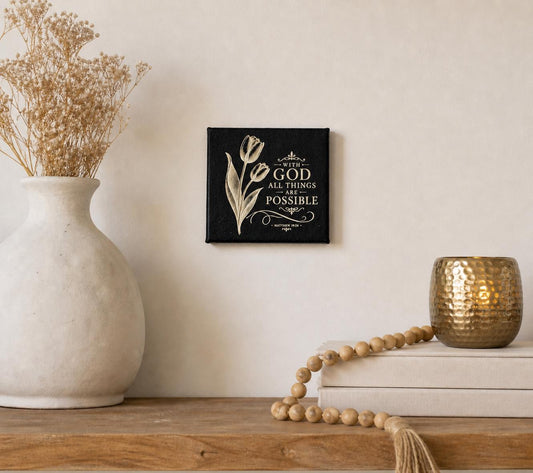 With God All Things Are Possible Matthew 19:26 | Black Gold Floral Home Decor | Mini Canvas
