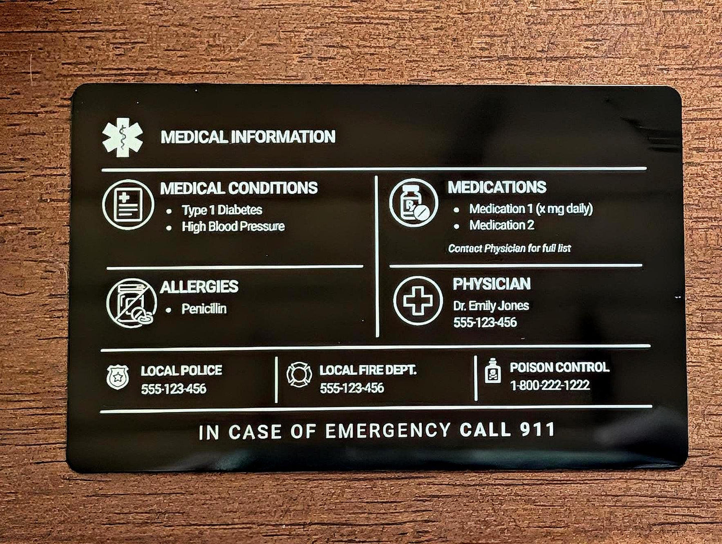 Personalized Metal Emergency Contact Card | Medical ID card for Wallet | Allergy and Medication Aluminum Card