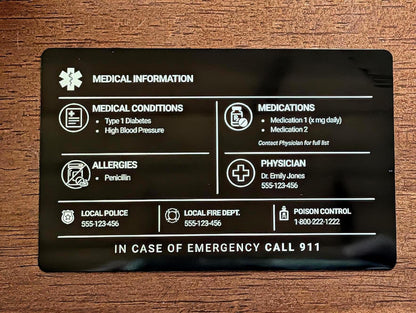 Personalized Metal Emergency Contact Card | Medical ID card for Wallet | Allergy and Medication Aluminum Card