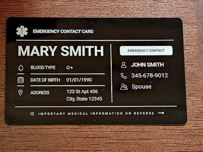 Personalized Metal Emergency Contact Card | Medical ID card for Wallet | Allergy and Medication Aluminum Card