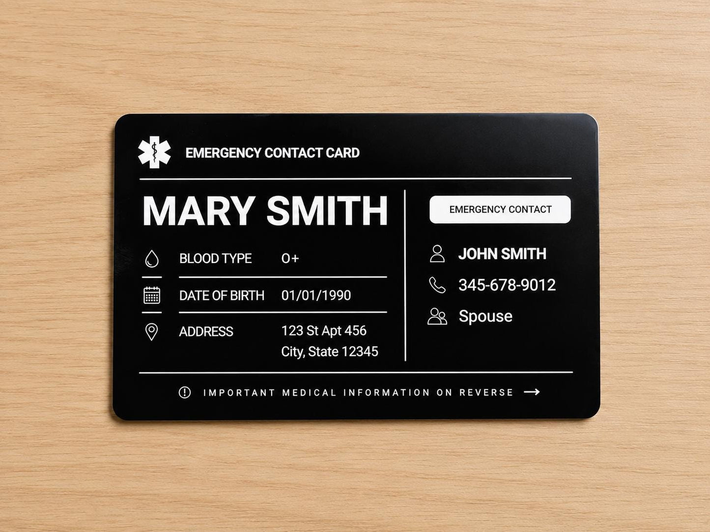Personalized Metal Emergency Contact Card | Medical ID card for Wallet | Allergy and Medication Aluminum Card