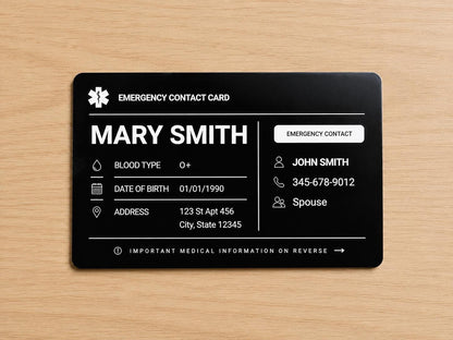 Personalized Metal Emergency Contact Card | Medical ID card for Wallet | Allergy and Medication Aluminum Card