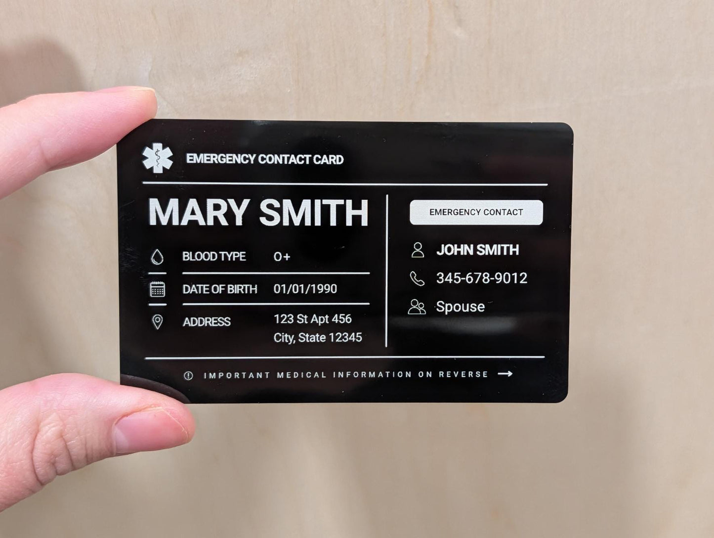 Personalized Metal Emergency Contact Card | Medical ID card for Wallet | Allergy and Medication Aluminum Card