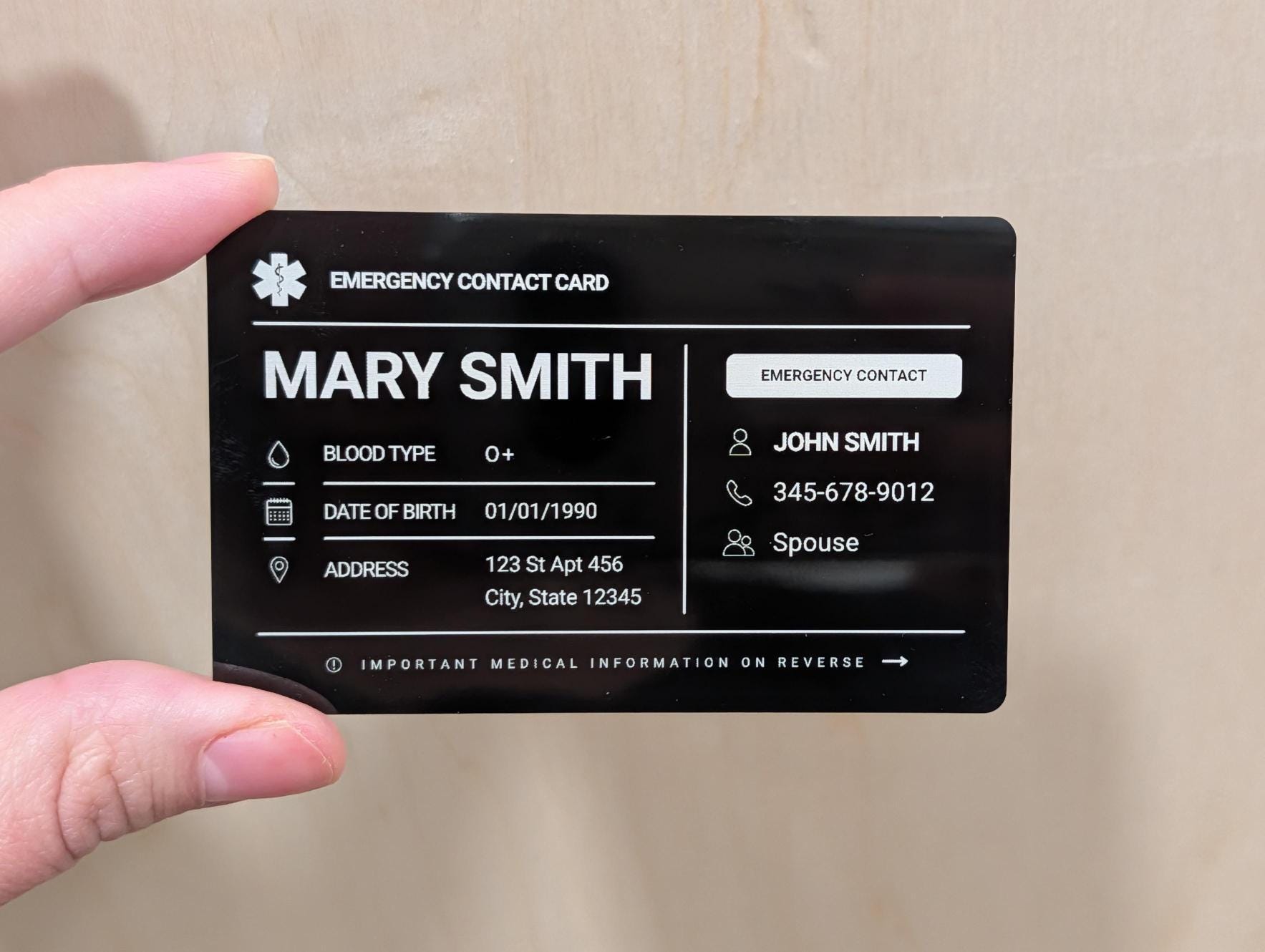 Personalized Metal Emergency Contact Card | Medical ID card for Wallet | Allergy and Medication Aluminum Card