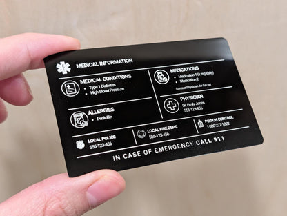 Personalized Metal Emergency Contact Card | Medical ID card for Wallet | Allergy and Medication Aluminum Card