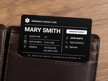 Personalized Metal Emergency Contact Card | Medical ID card for Wallet | Allergy and Medication Aluminum Card