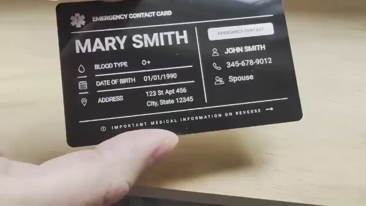 Personalized Metal Emergency Contact Card | Medical ID card for Wallet | Allergy and Medication Aluminum Card